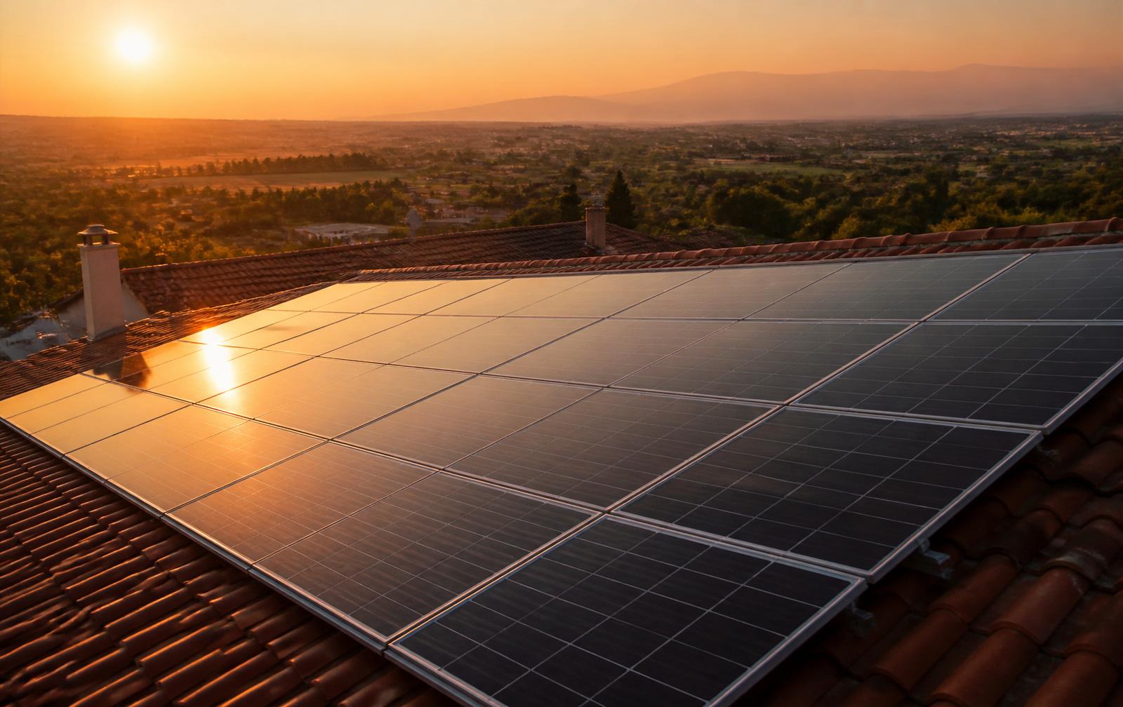 Pannelli fotovoltaici al tramonto su tetto veneto